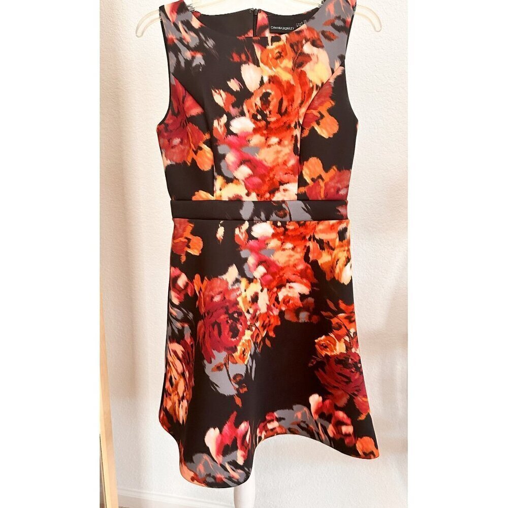 Cynthia Rowley‎ Women's Black Red Floral Scuba A-Line Knee Length Dress Size 4